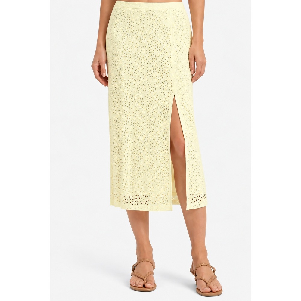 A New Day Cream Eyelet Midi Skirt Side Slit Floral Boho Size 10 New with Tags